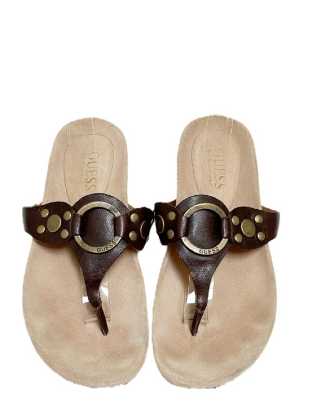 Guess Freedom brown leather bronze hardware sandals size 6
